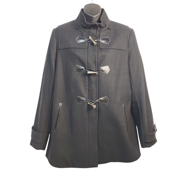 Liz Claiborne Pea Coat Women's Black Wool Blend Zipper/Button  Pea Coat Size L - Picture 1 of 11